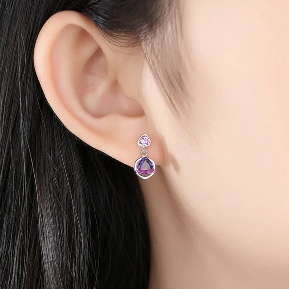 NEW!  1 Pair 925 Sterling Silver Geometric Zircon White Gold Plated Drop Earring - Picture 4 of 4